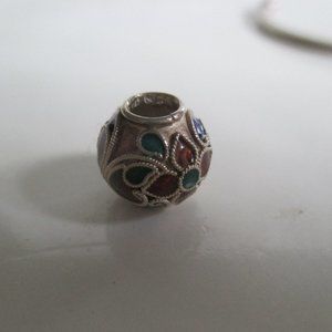 Intricate Vintage Cloisonne Silver Bead Charm for Pandora style Bracelet